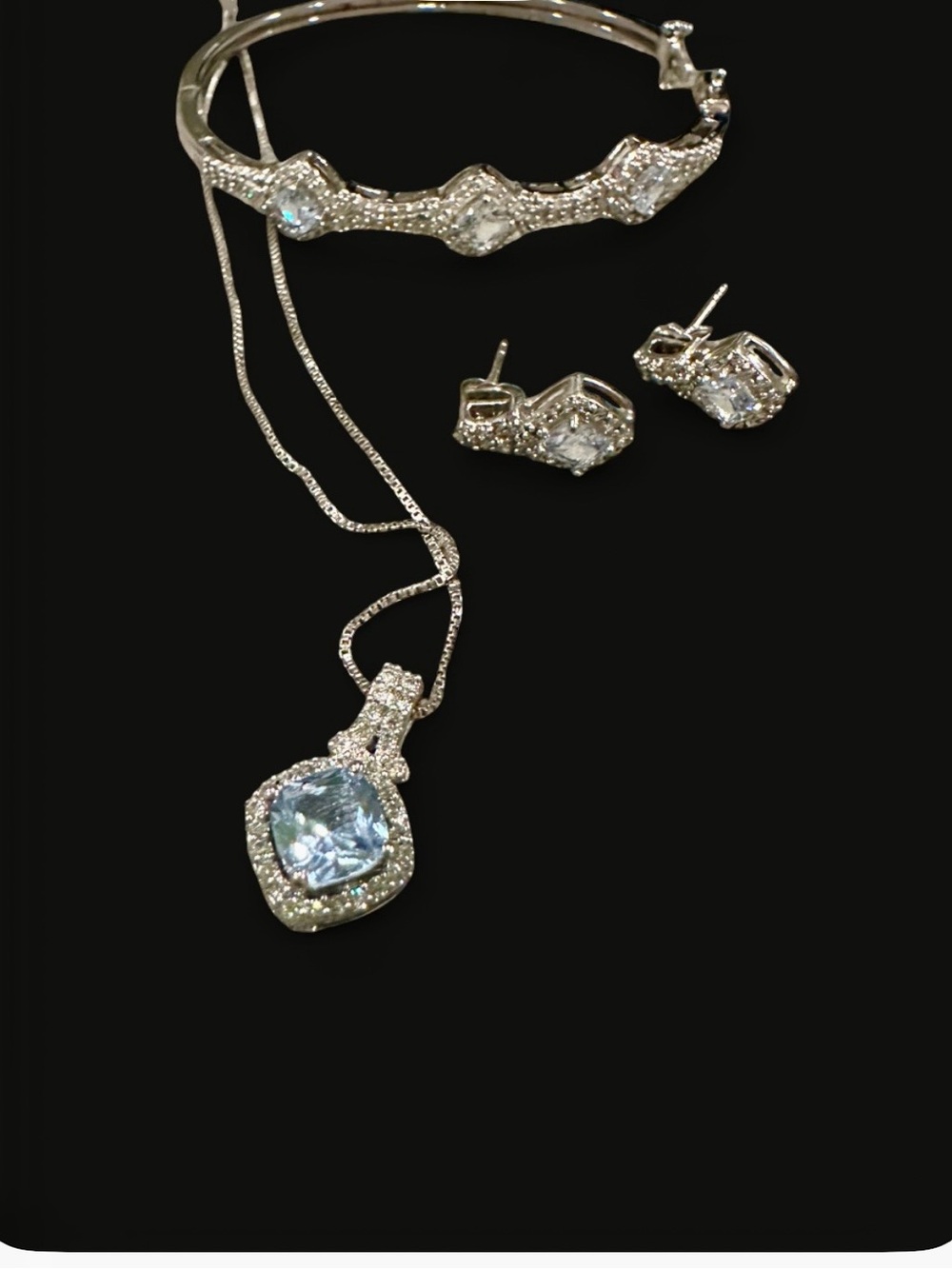Sterling Silver-Tone Blue Cubic Zirconia Necklace, Bracelet & Earring Set